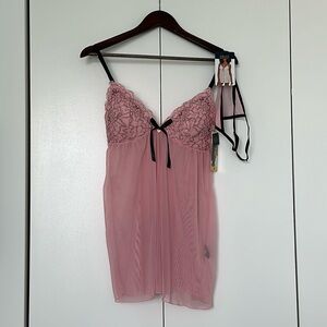 Rachel Ray Luxe Lace Pink Babydoll Slip and Thong Set